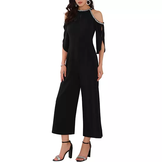 Women's Halter Jumpsuits Sequin Cold Shoulder Split Sleeve Party Cocktail Wide Leg Jumpsuits 6 Women's Halter Jumpsuits Sequin Cold Shoulder Split Sleeve Party Cocktail Wide Leg Jumpsuits - Image 6