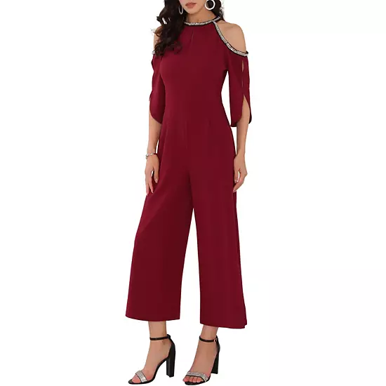 Women's Halter Jumpsuits Sequin Cold Shoulder Split Sleeve Party Cocktail Wide Leg Jumpsuits 7 Women's Halter Jumpsuits Sequin Cold Shoulder Split Sleeve Party Cocktail Wide Leg Jumpsuits - Image 7