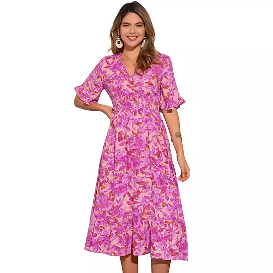 Floral Dress For Women's Casual Ruffled Hem Wrap Short Sleeve Midi Dress 1 Floral Dress For Women's Casual Ruffled Hem Wrap Short Sleeve Midi Dress