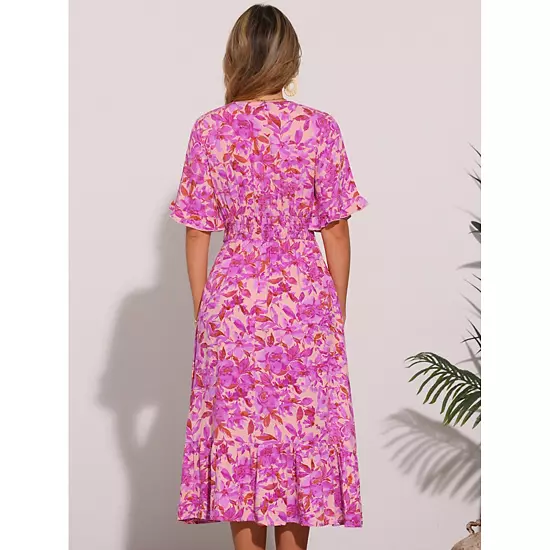 Floral Dress For Women's Casual Ruffled Hem Wrap Short Sleeve Midi Dress 3 Floral Dress For Women's Casual Ruffled Hem Wrap Short Sleeve Midi Dress - Image 3