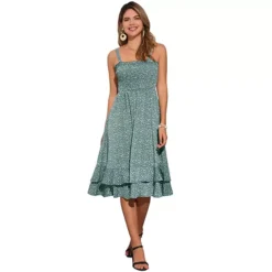 Floral Dress For Women's Casual Spaghetti Strap Ruffled Midi Dress