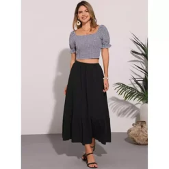 Summer A-Line Skirt For Women's Elastic High Waist Solid Flowy Casual Midi Skirts -Fashion Clothing Store 7696767 ALT2