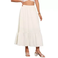 Summer A-Line Skirt For Women's Elastic High Waist Solid Flowy Casual Midi Skirts