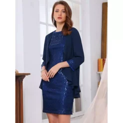 Women's Two Piece Dress Sets Wedding Guest 2 Piece Outfits Sequin Dresses And Open Front Cardigans -Fashion Clothing Store 7696772 ALT2