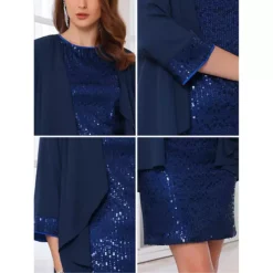 Women's Two Piece Dress Sets Wedding Guest 2 Piece Outfits Sequin Dresses And Open Front Cardigans -Fashion Clothing Store 7696772 ALT3