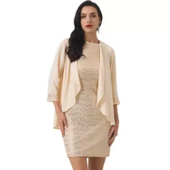 Women's Two Piece Dress Sets Wedding Guest 2 Piece Outfits Sequin Dresses And Open Front Cardigans