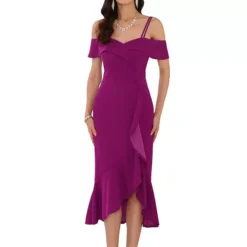 Women's Party Ruffle Dresses Spaghetti Strap Wedding Guest Cocktail Midi Dress -Fashion Clothing Store 7696779 Purple 1