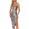 Metallic Party Skirt Set For Women's Shiny Sleeveless Camisole Top Split Skirt 2 Piece Club Outfits