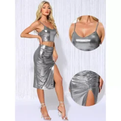 Metallic Party Skirt Set For Women's Shiny Sleeveless Camisole Top Split Skirt 2 Piece Club Outfits -Fashion Clothing Store 7696786 ALT
