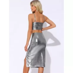 Metallic Party Skirt Set For Women's Shiny Sleeveless Camisole Top Split Skirt 2 Piece Club Outfits -Fashion Clothing Store 7696786 ALT2