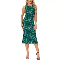 Mesh Floral Dress For Women's Sleeveless Crew Neck Cocktail Party Midi Dresses -Fashion Clothing Store 7696792 Dark Green 1