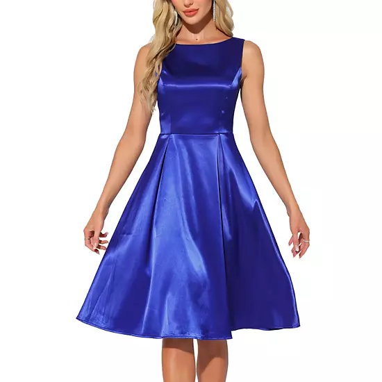 Women's Satin Sleeveless Dress Boat Neck A-Line Cocktail Evening Dresses 1 Women's Satin Sleeveless Dress Boat Neck A-Line Cocktail Evening Dresses