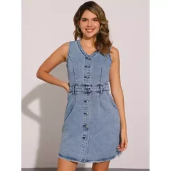 Sleeveless Denim Dresses For Women's Button Down V Neck Pockets Work Office Casual Midi Dress -Fashion Clothing Store 7696874 ALT2