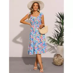 Floral Print Midi Dress For Women's Sleeveless Smocked Ruffle V Neck Flowy Boho Beach Dress -Fashion Clothing Store 7696877 ALT2