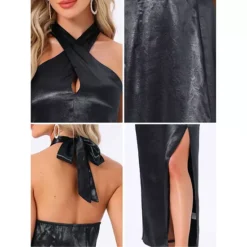 Women's Backless Dress Split Satin Floral Halter Deep V Neck Party Cocktail Maxi Dresses -Fashion Clothing Store 7696893 ALT3