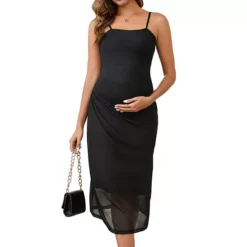 Women's Maternity Mesh Overlay Ruched Side Spaghetti Strap Long Bodycon Pregnancy Dress -Fashion Clothing Store 7700071 Black