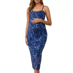 Women's Maternity Mesh Overlay Ruched Side Spaghetti Strap Long Bodycon Pregnancy Dress -Fashion Clothing Store 7700071 Blue Floral 1