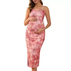 Women's Maternity Mesh Overlay Ruched Side Spaghetti Strap Long Bodycon Pregnancy Dress -Fashion Clothing Store 7700071 Red Floral