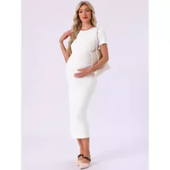 Women's Maternity Dress Bodycon Ribbed Knit Midi Short Sleeve Ruched Pregnancy Photoshoot -Fashion Clothing Store 7700073 ALT2