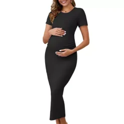 Women's Maternity Dress Bodycon Ribbed Knit Midi Short Sleeve Ruched Pregnancy Photoshoot -Fashion Clothing Store 7700073 Black
