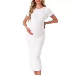 Women's Maternity Dress Bodycon Ribbed Knit Midi Short Sleeve Ruched Pregnancy Photoshoot -Fashion Clothing Store 7700073 White