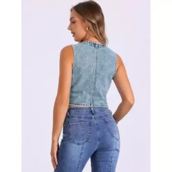 Women's Denim Vest V Neck Sleeveless Button Down Jean Waistcoat Summer Crop Top -Fashion Clothing Store 7700078 ALT2