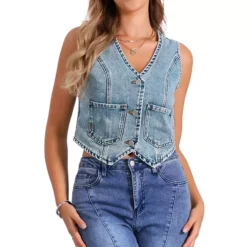 Women's Denim Vest V Neck Sleeveless Button Down Jean Waistcoat Summer Crop Top -Fashion Clothing Store 7700078 Gray Blue