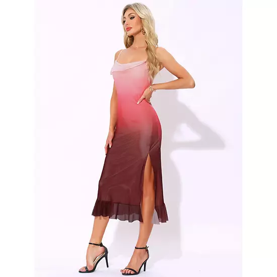 Summer Spaghetti Strap Maxi Dress For Women's Cowl Neck Stretchy Mesh Flowy Wedding Guest Dresses 3 Summer Spaghetti Strap Maxi Dress For Women's Cowl Neck Stretchy Mesh Flowy Wedding Guest Dresses - Image 3