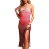 Summer Spaghetti Strap Maxi Dress For Women's Cowl Neck Stretchy Mesh Flowy Wedding Guest Dresses