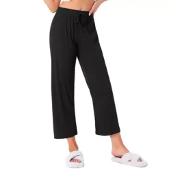 Women's Wide Leg High Waist Pull On Ribbed Knit Casual Drawstring Palazzo Trousers Cropped Pants -Fashion Clothing Store 7700086 Black
