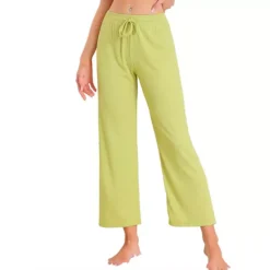 Women's Wide Leg High Waist Pull On Ribbed Knit Casual Drawstring Palazzo Trousers Cropped Pants -Fashion Clothing Store 7700086 Green