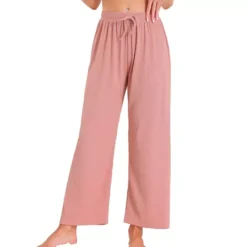 Women's Wide Leg High Waist Pull On Ribbed Knit Casual Drawstring Palazzo Trousers Cropped Pants -Fashion Clothing Store 7700086 Pink