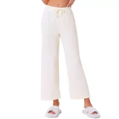Women's Wide Leg High Waist Pull On Ribbed Knit Casual Drawstring Palazzo Trousers Cropped Pants -Fashion Clothing Store 7700086 White