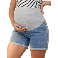 Women's Denim Summer Lounge Roll Hem Maternity Jeans Shorts With Pockets -Fashion Clothing Store 7700107 Blue
