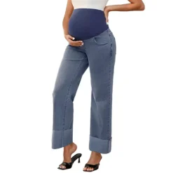 Women Maternity Jeans Straight Leg Cuffed Comfy Stretch Over Belly Support Pregnant Denim Work Pants -Fashion Clothing Store 7701160 Retro Blue 1