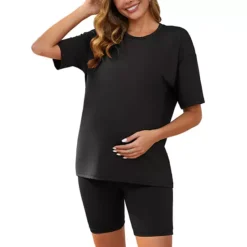 Women Maternity 2 Piece Lounge Sports Tie Dye Biker Short Sleeve Top Set -Fashion Clothing Store 7703104 Black