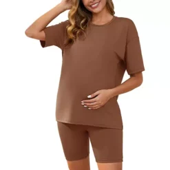 Women Maternity 2 Piece Lounge Sports Tie Dye Biker Short Sleeve Top Set -Fashion Clothing Store 7703104 Brown