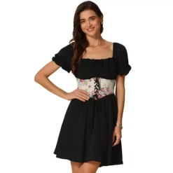 Women's Corset Mini Dress Square Neck Short Sleeve Patchwork Smocked Dresses -Fashion Clothing Store 7703105 Black