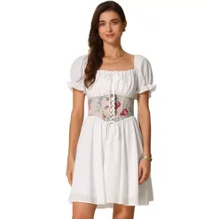 Women's Corset Mini Dress Square Neck Short Sleeve Patchwork Smocked Dresses -Fashion Clothing Store 7703105 White 1