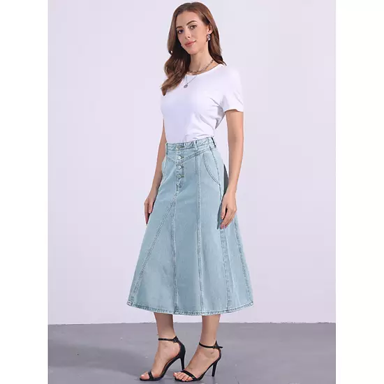 Women's Long Jean Denim Skirts High Waisted Frayed Midi Skirt With Pockets 2 Women's Long Jean Denim Skirts High Waisted Frayed Midi Skirt With Pockets - Image 2