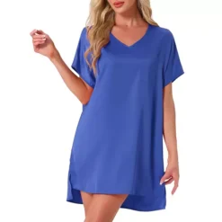 Women's Nightgown V Neck Soft Short Sleeve Loungwear Thigh Length Sleepdress -Fashion Clothing Store 7706014 Blue