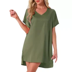 Women's Nightgown V Neck Soft Short Sleeve Loungwear Thigh Length Sleepdress -Fashion Clothing Store 7706014 Green