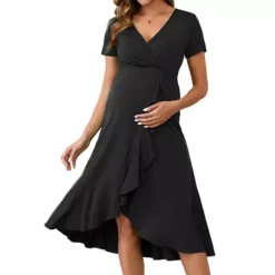 Women's Maternity Wrap Dress V Neck Ruffle Hem Semi Formal Party Cocktail Pregnant Dresses -Fashion Clothing Store 7707287 Black