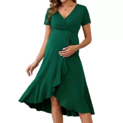 Women's Maternity Wrap Dress V Neck Ruffle Hem Semi Formal Party Cocktail Pregnant Dresses -Fashion Clothing Store 7707287 Deep Green