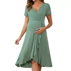 Women's Maternity Wrap Dress V Neck Ruffle Hem Semi Formal Party Cocktail Pregnant Dresses -Fashion Clothing Store 7707287 Grey Green 1