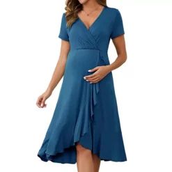 Women's Maternity Wrap Dress V Neck Ruffle Hem Semi Formal Party Cocktail Pregnant Dresses -Fashion Clothing Store 7707287 Lake Blue