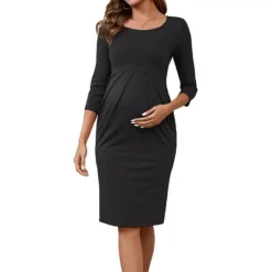Women's Maternity Dresses Crew Neck 3/4 Sleeves Pleated Office Cocktail Back Zipper Pregnancy Dress