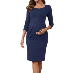 Women's Maternity Dresses Crew Neck 3/4 Sleeves Pleated Office Cocktail Back Zipper Pregnancy Dress -Fashion Clothing Store 7707288 Blue