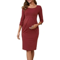 Women's Maternity Dresses Crew Neck 3/4 Sleeves Pleated Office Cocktail Back Zipper Pregnancy Dress -Fashion Clothing Store 7707288 Red