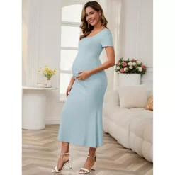 Women's Maternity Mermaid Square Neck Bodycon Dress Fitted Ribbed Midi Pregnancy Dresses -Fashion Clothing Store 7707291 ALT2
